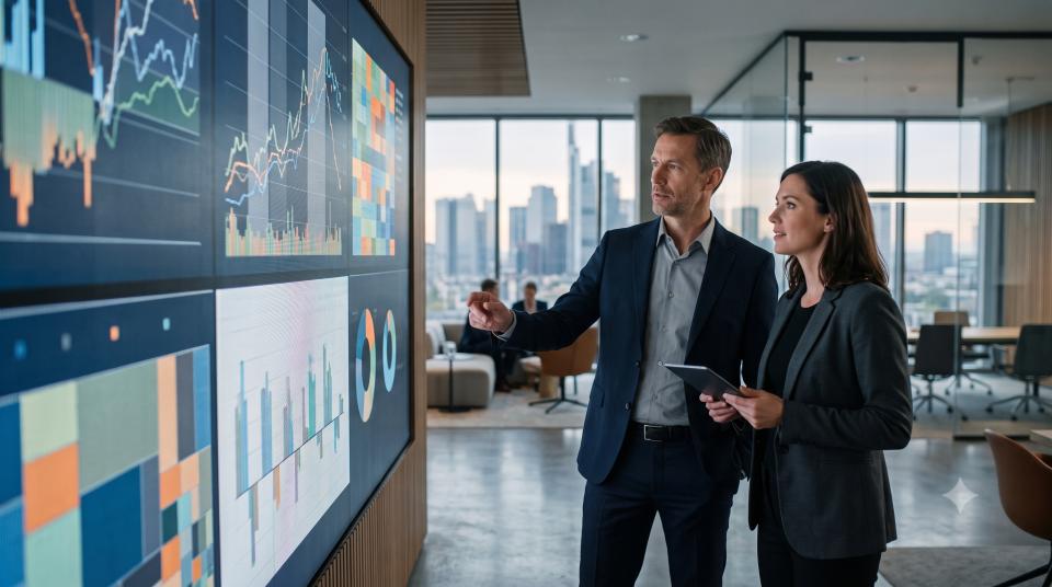 analysts reviewing liquid alternatives portfolio in a european office